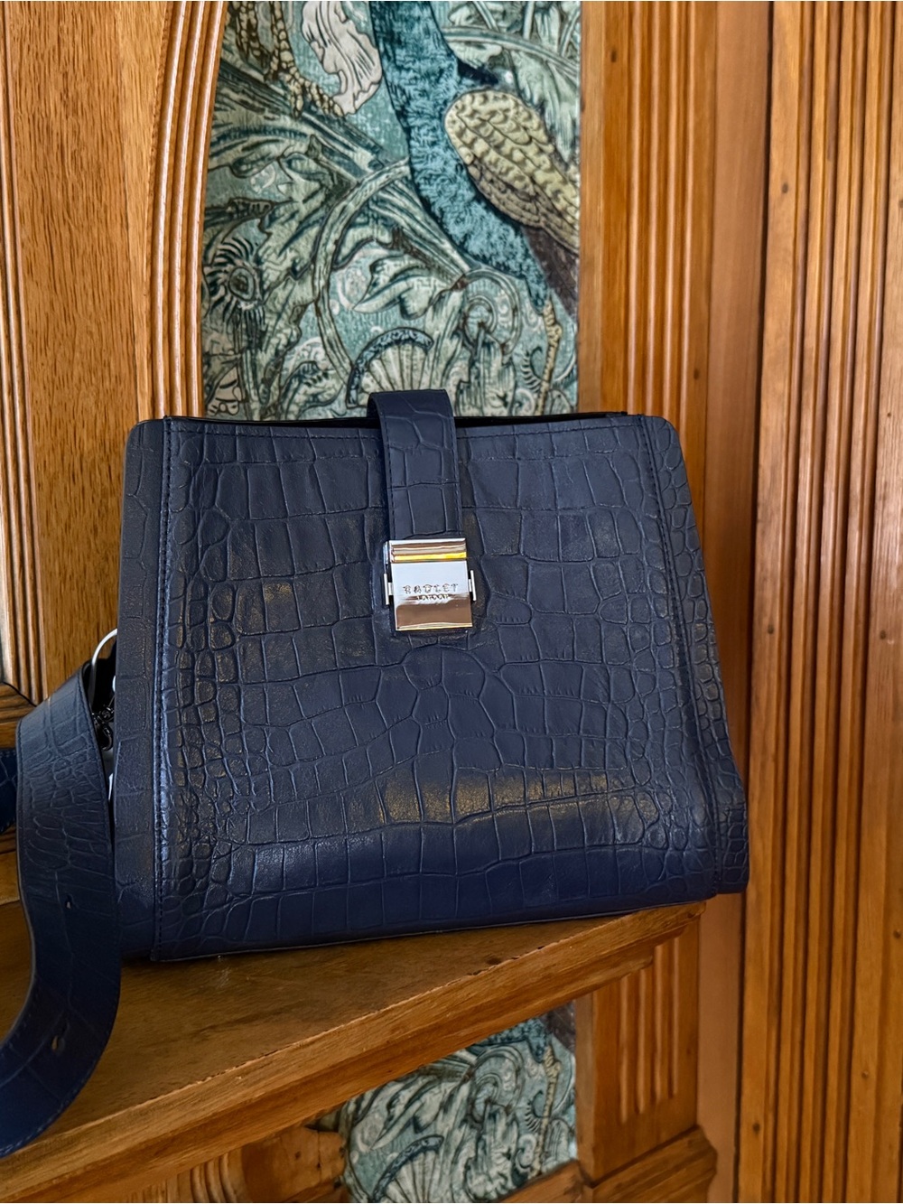 RADLEY LONDON Navy Croc-Embossed Leather Handbag with Silver Hardware